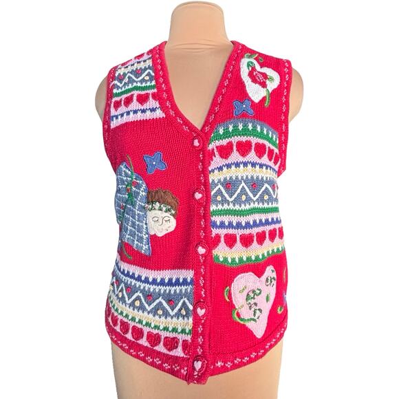 Vintage Karen Scott Red Knit Heart Patchwork Folk Art Sweater Vest Large Cozy - Picture 3 of 16